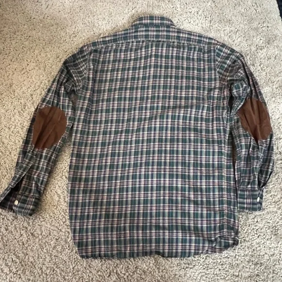 Vintage 1990s Polo Country Authentic Dry Goods Plaid Elbow Patch Button Down - Picture 2 of 8
